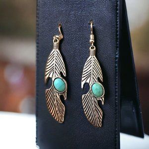 Silver Feather Dangle Drop Earrings w Turquoise Stones
